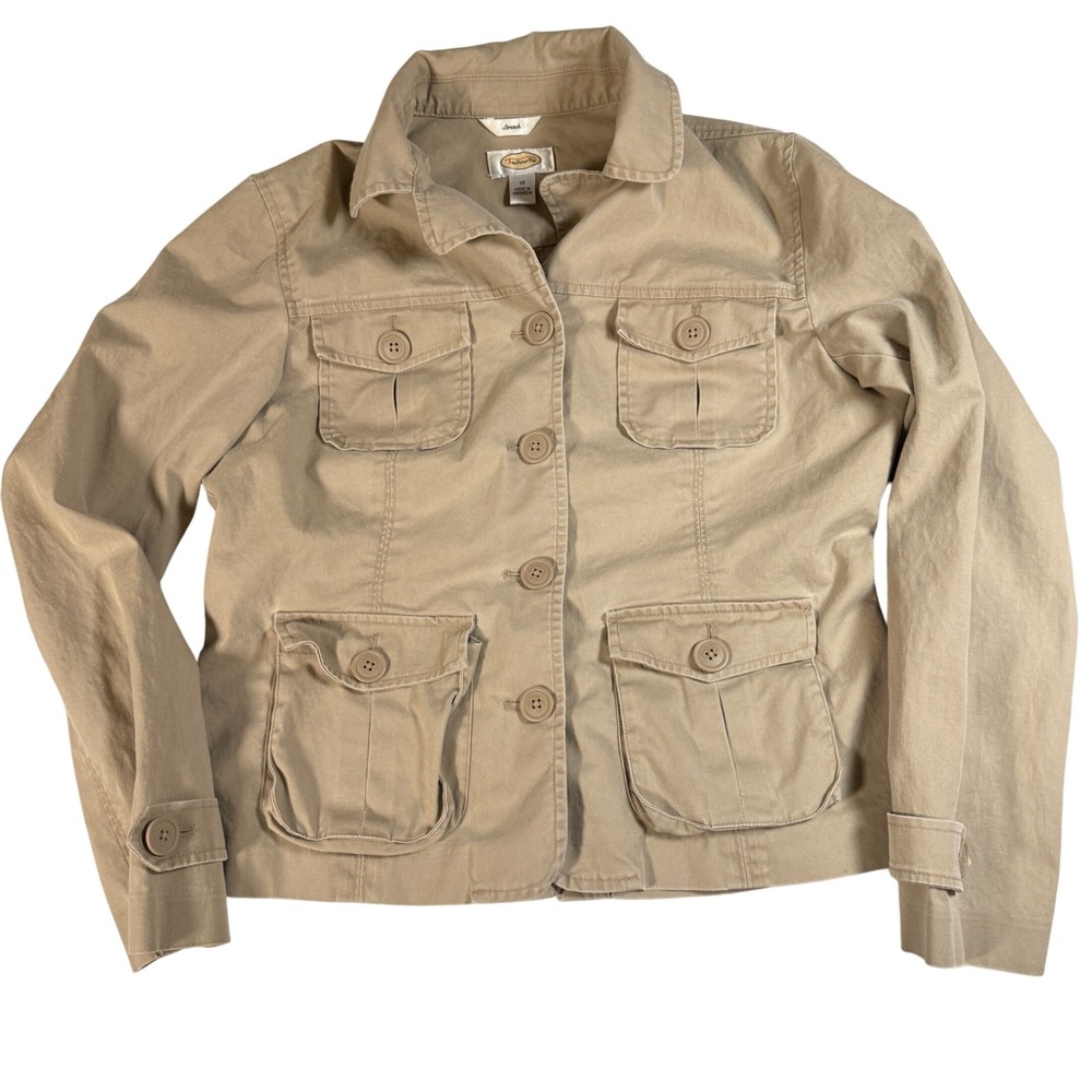 Talbots Stretch Utility Jacket Khaki Beige Cotton Twill Cargo Coat Women's‎ 12